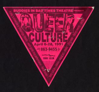 Triangular-shaped poster features people posing within the letters "QUEER".