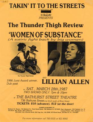 Poster includes photographs of members of the Thunder Thigh Review and Lillian Allen.