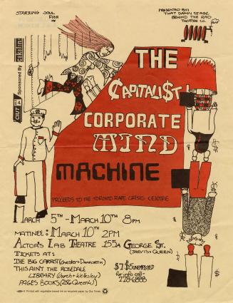 Poster features an illustration of people being fed in and out of a machine.