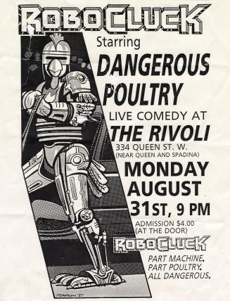 Poster features an illustration of a chicken crossed with the movie character RoboCop.