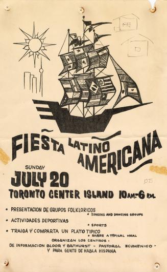 Poster features an illustration of a boat with sails comprised of many different national flags ...