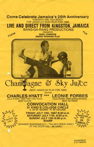 Poster features a photograph of the two stars of the show drinking champagne.