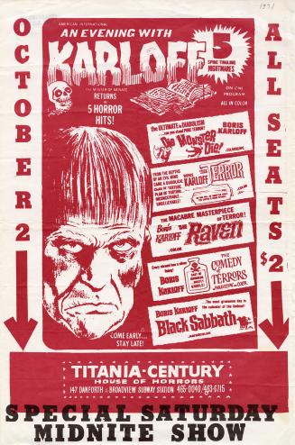 Poster features an illustration of the head of Boris Karloff as Frankenstein.