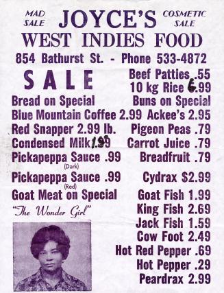 A poster with a b&w photograph of a woman and a menu with price list.