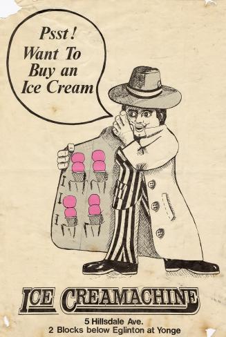 A poster with an illustration of a man in trench coat filled with ice cream cones.