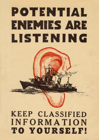 A poster featuring an illustration of an ear over a ship.