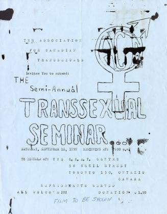 Hand-drawn lettering reads: The semi-annual transsexual seminar. Typed text provided details.