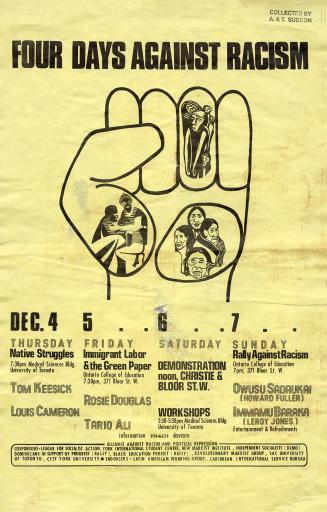 A poster featuring an illustration of a fist with different people in it.
