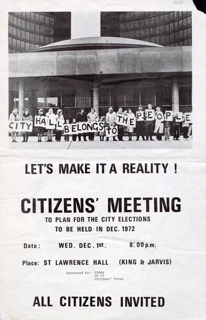A poster featuring a photograph of a group of people holding up signs in front of City Hall.