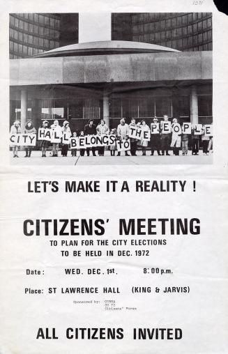 A poster featuring a photograph of a group of people holding up signs in front of City Hall.