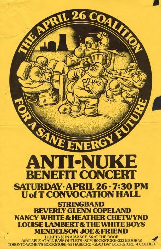 A poster with an illustration of a band playing in hazmat suits with a nuclear power plant in t ...