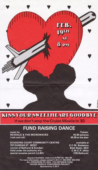 A poster with an illustration of a cruise missile going through a heart with a silhouette of a  ...