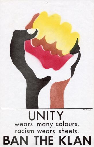 A poster featuring a stencil of a fist in various colours.