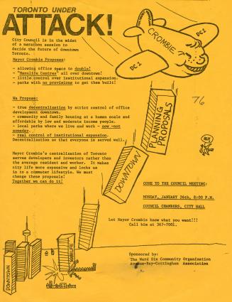 Poster includes an illustration of an airplane labelled &quot;CROMBIE&quot; dropping skyscraper ...