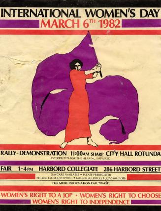 Poster features an a woman waving a large flag. illustration of