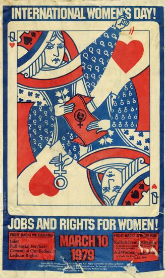 Poster features a modified illustration of a queen of hearts playing card.