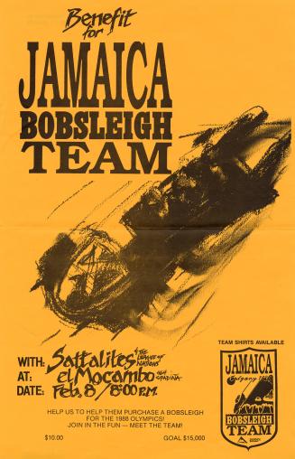 Poster features an illustration of a bobsled and the Jamaica bobsled team logo.