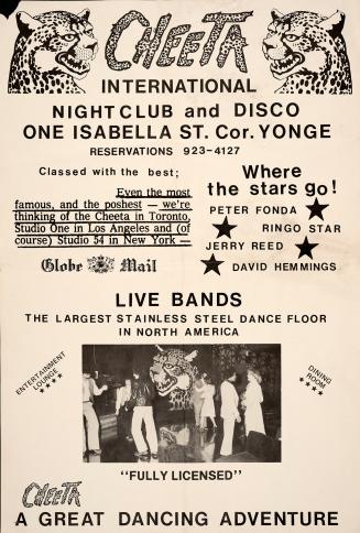 Poster features illustrations of cheetahs and a photograph of people dancing at the club.