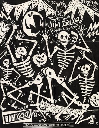 Poster shows skeletons dancing. 