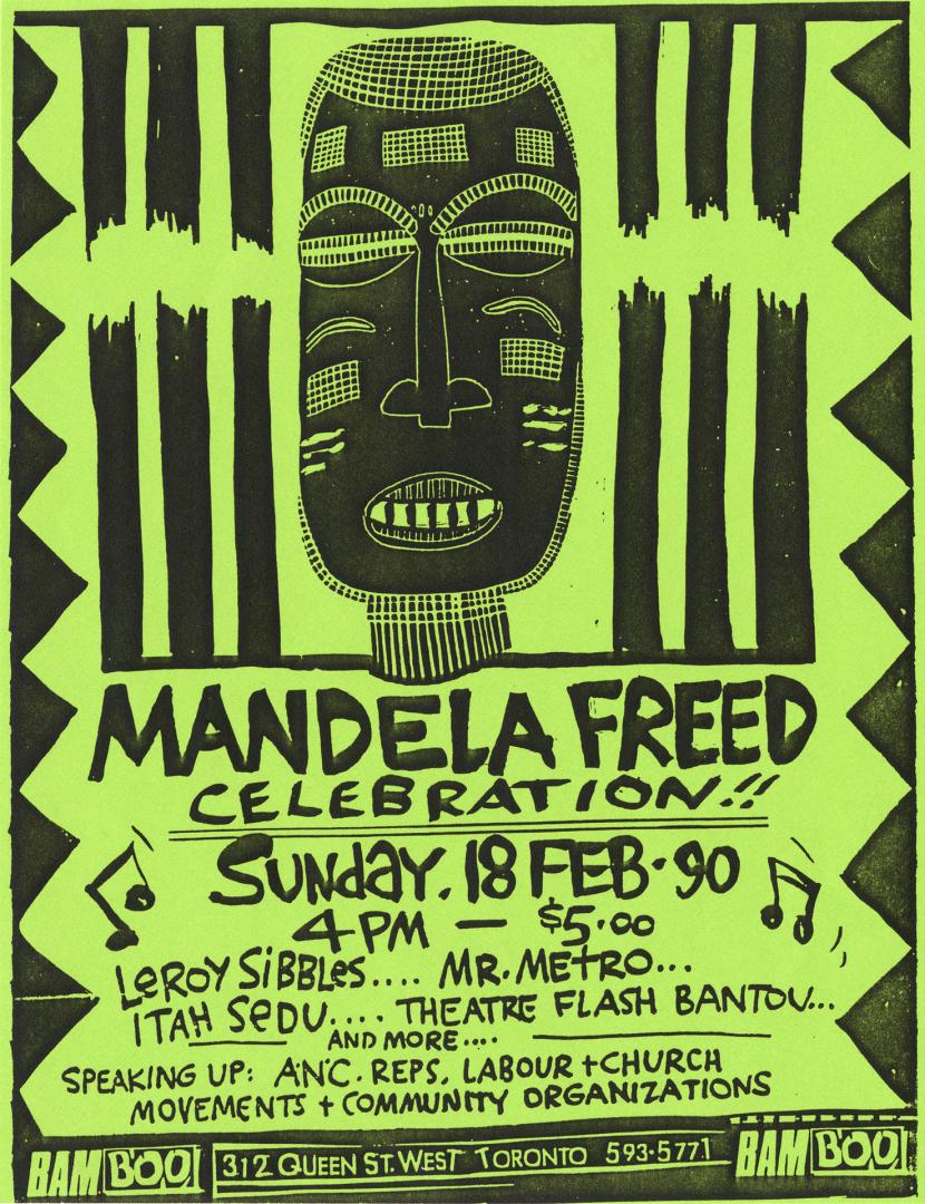 Poster shows African mask with broken prison bars around it. 