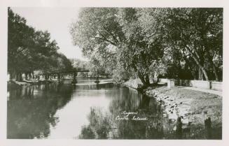 Black and white photo of a lagoon and trees lining its banks. 