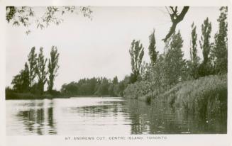 Black and white picture of water with trees and grasses around on two sides.