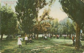 Colorized photograph of many people in a heavily treed park.