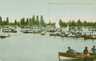 Colourized picture of a group of boats and boaters on the water.