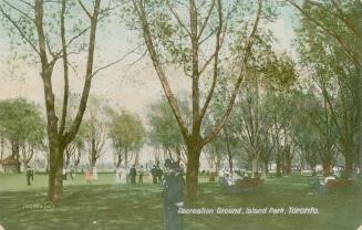 Colourized picture of people standing in a park with many trees.