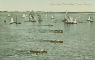Colourized picture of several canoes racing and several sailboats.