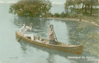 Colorized photograph of two men and a boy paddling a red canoe called the Alouette.