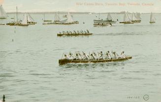 Colourized picture of two large canoes and canoeists and sail boats on the water. 
