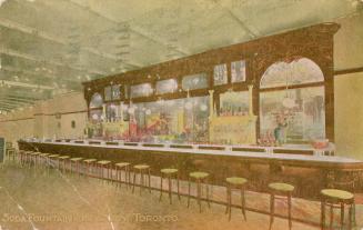 Colorized photograph of a counter in a restatunrt with many stools.