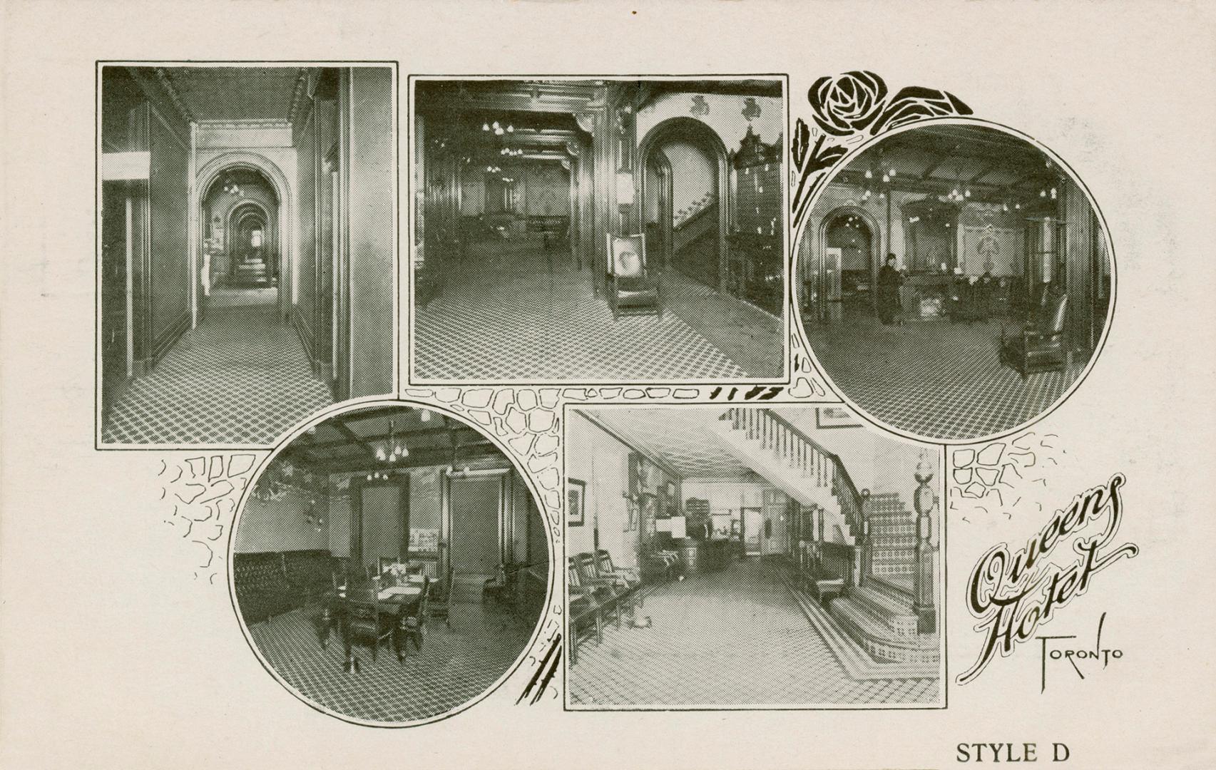Shows five black and white scenes of a hotel interior.