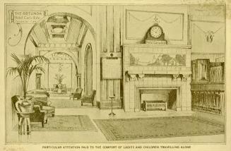 Black and white drawing of a large hotel lobby.