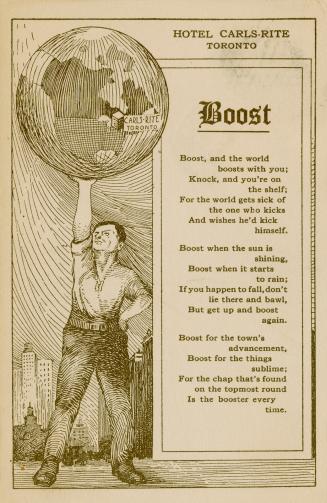 Advertisement shows a drawing of a man holding up the world. Three stanza motivational poem.