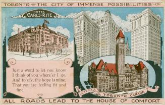 Card shows drawings of the Carls-Rite hotel, Toronto City Hall and skyscrapers.