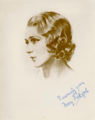 Headshot drawing of Mary Pickford with shorter curly hair.