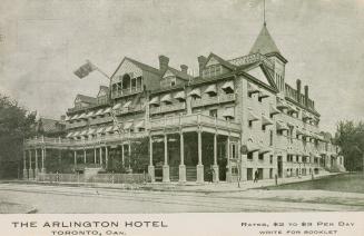 Black and white photograph of a four story hotel with a veranda across the front. Rates $2 to $ ...
