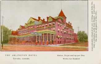Colorized photograph of a four story hotel building with a verandah across the front.
