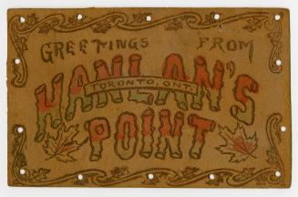 A piece of brown leather decorated with scrolls and maple leaves. Postcard has evenly spaced pu ...