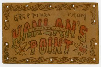 A piece of brown leather decorated with scrolls and maple leaves. Postcard has evenly spaced pu…