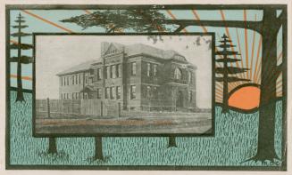 Black and white picture of large school placed on top of a drawing of trees in a woods at sunri ...