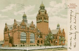 Colorized photograph of a very large school building with at turret.