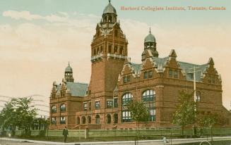 Colorized photograph of a very large school building.