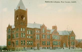 Colorized photograph of a very large school building with a bell tower.