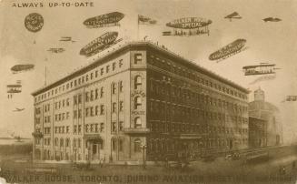 Brown and beige illustration postcard of Walker House Hotel, Toronto, exterior view,, during an ...