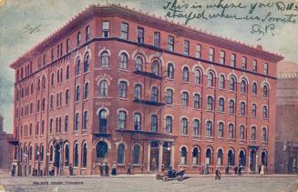 Colour illustration postcard of Walker House Hotel, Toronto, exterior view. Some handwriting on ...