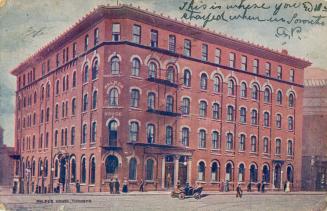 Colour illustration postcard of Walker House Hotel, Toronto, exterior view. Some handwriting on…