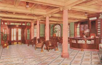 Coloured photo postcard of interior of lobby and entrance area of Walker House Hotel, Toronto